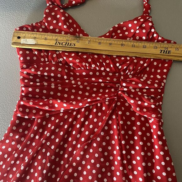 A Byer Halter Dress Red White Polka Dot Faux Wrap Lined Pinup Rockabilly Size 9 - Picture 5 of 13